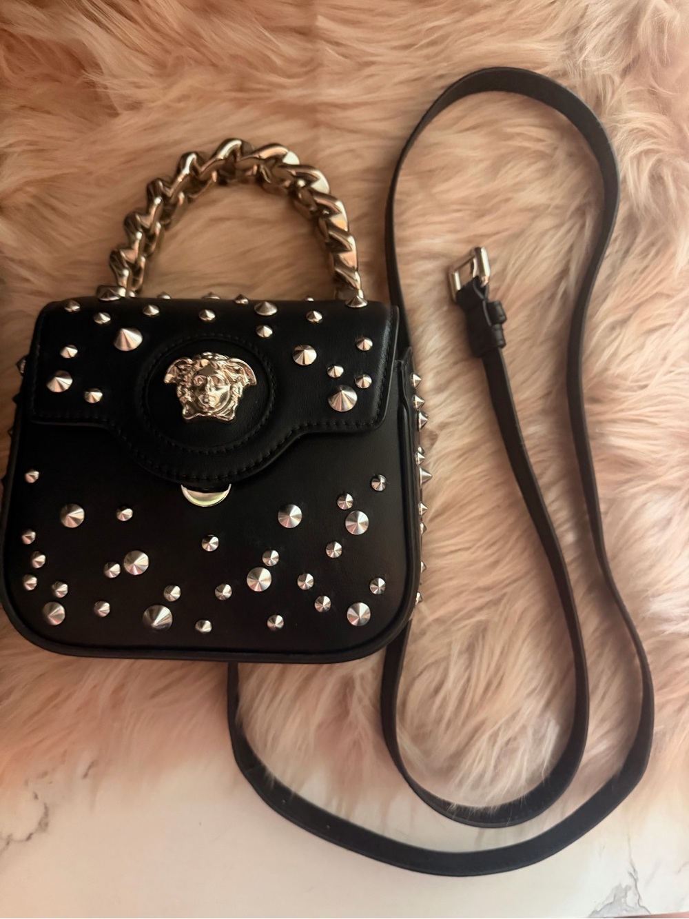 AUTHENTIC Versace La Medusa Studded Top Handle handbag with shoulder strap